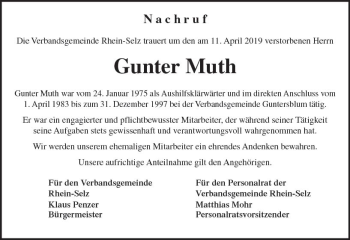 Traueranzeige von Gunter Muth von vrm-trauer