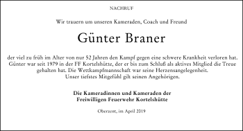 Traueranzeige von Günter Braner von vrm-trauer