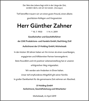 Traueranzeige von Günther Zahner von vrm-trauer