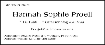 Traueranzeige von Hannah Sophie Proell von vrm-trauer