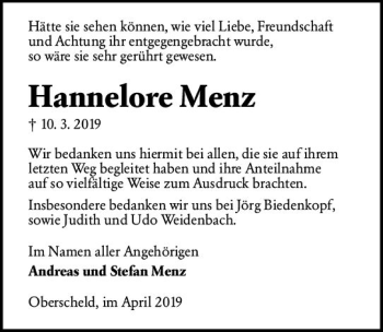 Traueranzeige von Hannelore Menz von  Dill Block ()