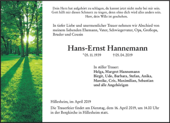 Traueranzeige von Hans-Ernst Hannemann von vrm-trauer