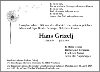 Traueranzeige von Hans Grizelj von vrm-trauer