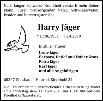 Traueranzeige von Harry Jäger von vrm-trauer