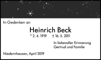 Traueranzeige von Heinrich Beck von vrm-trauer