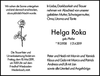Traueranzeige von Helga Roka von vrm-trauer