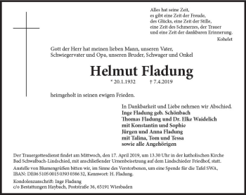 Traueranzeige von Helmut Fladung von vrm-trauer