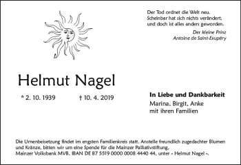 Traueranzeige von Helmut Nagel von vrm-trauer