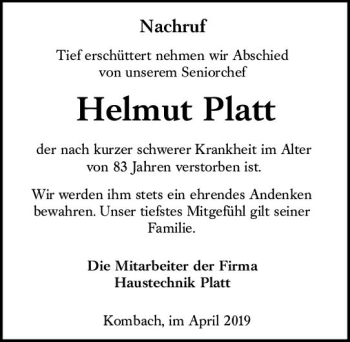 Traueranzeige von Helmut Platt von  HA - Hinterländer Anzeiger ()