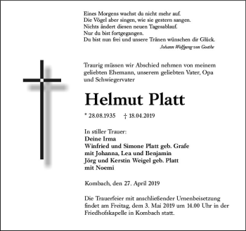 Traueranzeige von Helmut Platt von  HA - Hinterländer Anzeiger ()
