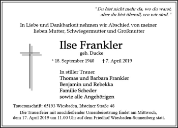 Traueranzeige von Ilse Frankler von vrm-trauer