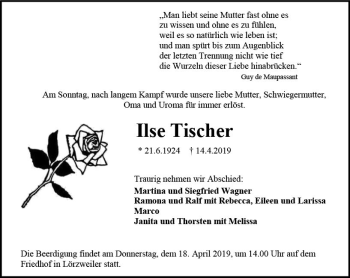 Traueranzeige von Ilse Tischer von vrm-trauer