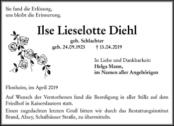 Traueranzeige von Ilse Lieselotte Diehl von vrm-trauer