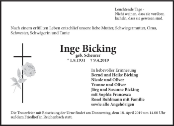 Traueranzeige von Inge Bicking von vrm-trauer