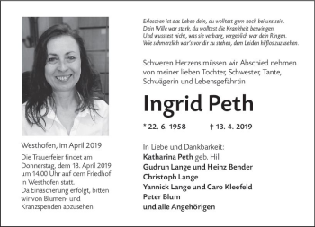 Traueranzeige von Ingrid Peth von vrm-trauer