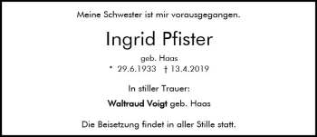 Traueranzeige von Ingrid Pfister von vrm-trauer
