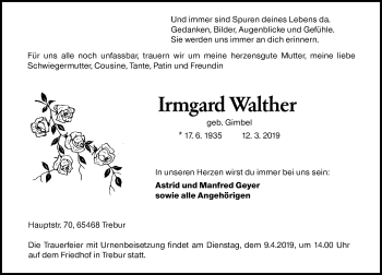 Traueranzeige von Irmgard Walther von vrm-trauer