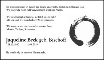 Traueranzeige von Jaqueline Beck von vrm-trauer