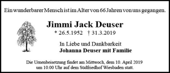 Traueranzeige von Jimmi Jack Deuser von vrm-trauer
