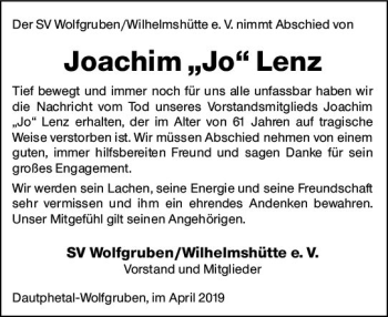 Traueranzeige von Joachim Lenz von  HA - Hinterländer Anzeiger ()