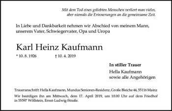 Traueranzeige von Karl Heinz Kaufmann von vrm-trauer