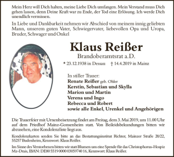 Traueranzeige von Klaus Reißer von vrm-trauer