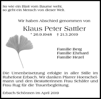 Traueranzeige von Klaus Peter Sattler von vrm-trauer