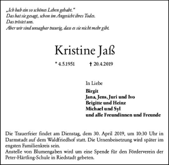 Traueranzeige von Kristine Jaß von vrm-trauer