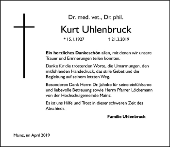 Traueranzeige von Kurt Uhlenbruck von vrm-trauer