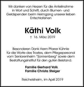 Traueranzeige von Käthi Volk von vrm-trauer