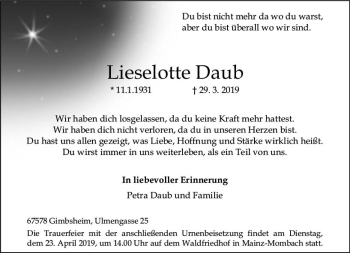 Traueranzeige von Lieselotte Daub von vrm-trauer