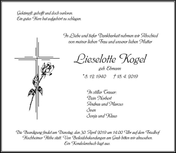 Traueranzeige von Lieselotte Kogel von vrm-trauer