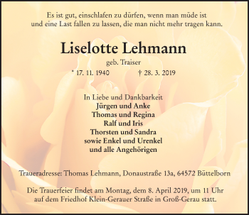 Traueranzeige von Liselotte Lehmann von vrm-trauer