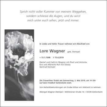 Traueranzeige von Lore Wagner von vrm-trauer
