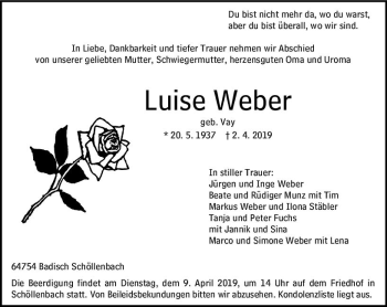 Traueranzeige von Luise Weber von vrm-trauer