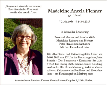 Traueranzeige von Madeleine Aneela Flenner von vrm-trauer