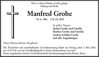 Traueranzeige von Manfred Grohe von vrm-trauer