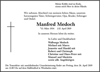Traueranzeige von Manfred Medoch von vrm-trauer