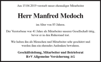 Traueranzeige von Manfred Medoch von vrm-trauer