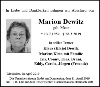 Traueranzeige von Marion Dewitz von vrm-trauer