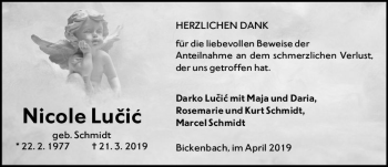 Traueranzeige von Nicole Lucic von vrm-trauer