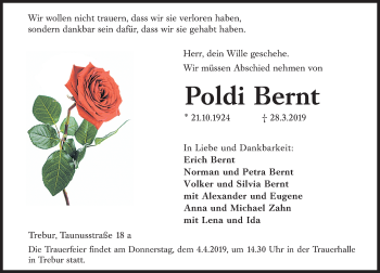 Traueranzeige von Poldi Bernt von vrm-trauer
