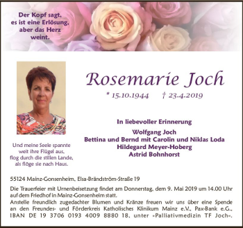 Traueranzeige von Rosemarie Joch von vrm-trauer