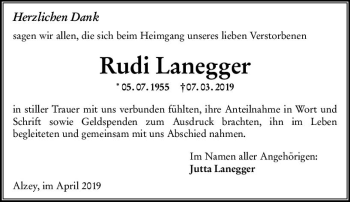 Traueranzeige von Rudi Lanegger von vrm-trauer