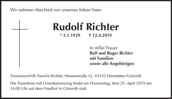 Traueranzeige von Rudolf Richter von vrm-trauer