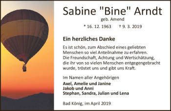 Traueranzeige von Sabine Bine Arndt von vrm-trauer
