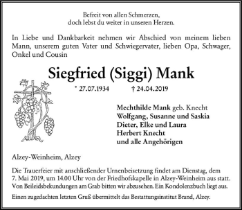 Traueranzeige von Siegfried Mank von vrm-trauer