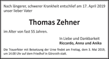 Traueranzeige von Thomas Zehner von vrm-trauer