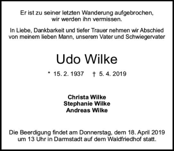Traueranzeige von Udo Wilke von vrm-trauer