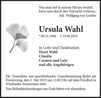 Traueranzeige von Ursula Wahl von vrm-trauer